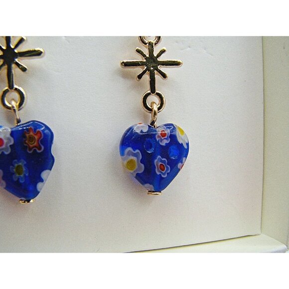 NIB C&C California Blue Gold Moon Stars Glass Beaded Heart Dangle Earrings - Picture 4 of 11